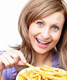 Happy woman holding chips