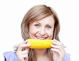 Bright woman holding a corn 