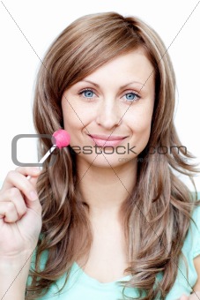 Serious woman holding a lollipop 