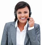 Self-assured Customer service representative using headset in the office