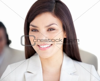 Portrait beautiful businesswoman looking at the camera against a white background