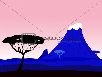African exotic background with volcano crater and acacia tree silhouette