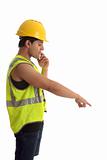 Construction worker looking pointing down