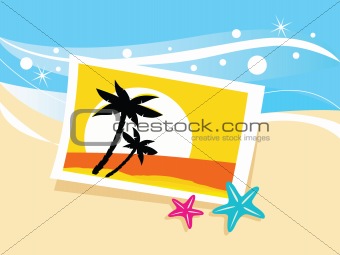 Vacation photo with tropical palms and sunset on the beach