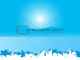 Blue sea landscape background with plant leafs
