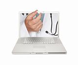 Doctor Handing Pill Through Laptop Screen Isolated on a White Background.