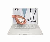 Doctor Handing Pills Through Laptop Screen Isolated on a White Background.