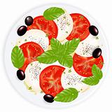 Caprese Salad With Mozzarella, Basil, Black Olives And Olive Oil