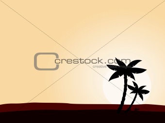 Desert sunrise background with black palm tree silhouette