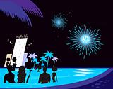 Water party night: People silhouette in pool & fireworks behind