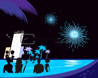 Water party night: People silhouette in pool & fireworks behind