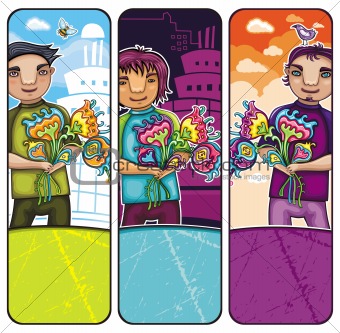 Young boy with flowers banners