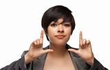 Pretty Multiethnic Young Adult Woman Framing Her Face with Her Hands Isolated on a White Background.