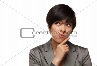 Pretty Thinking Multiethnic Young Adult with Eyes Up and Over Isolated on a White Background.