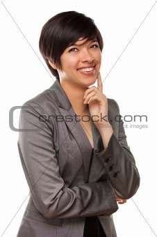 Pretty Multiethnic Young Adult Laughing with Eyes Up and Over Isolated on a White Background.