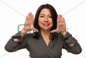 Attractive Multiethnic Woman with Hands Framing Her Face Isolated on a White Background.
