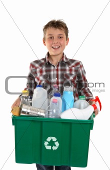 Happy boy carrying rubbish for recycling