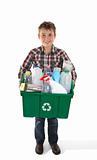 Boy holding recycling bin full or rubbish
