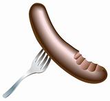 Illustration of tasty sausage with bite missing on fork