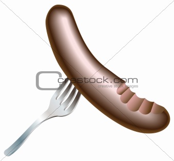 Illustration of tasty sausage with bite missing on fork