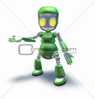 Cute green metal robot character showing