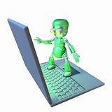 Cute 3d robot character standing on a laptop