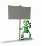 Sweet robot mascot character pointing up to placard sign