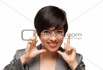 Pretty Smiling Multiethnic Young Adult Woman Framing Her Face with Her Hands Isolated on a White Background.