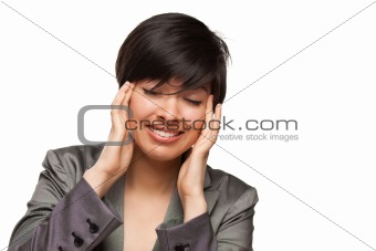 Multiethnic Young Adult Woman with Headache Isolated on a White Background.