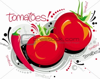 Two red tomatoes and one red pepper