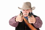 Big cowboy pointing pistols
