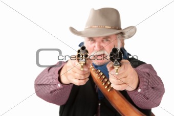 Big cowboy pointing pistols