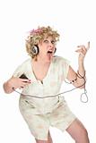 Funny woman in nightgown listening to music