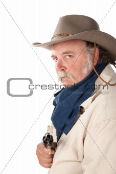 Big cowboy with pistol on white background