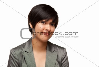 Pretty Multiethnic Young Adult Woman Head Shot Isolated on a White Background.
