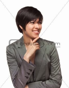 Pretty Smiling Multiethnic Young Adult Woman Looking to the Side Isolated on a White Background.