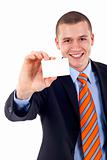 man presenting blank card