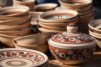Decorated ceramic pot and pottery collection at the handicraft market