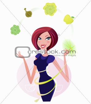 Sexy kitchen woman juggling with healthy food ingredients