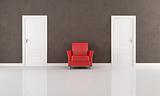 two door and red armchair