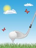 Sport background with a putter and a golf ball.