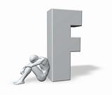 sitting man leans on uppercase letter f