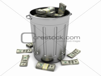 trashcan with money