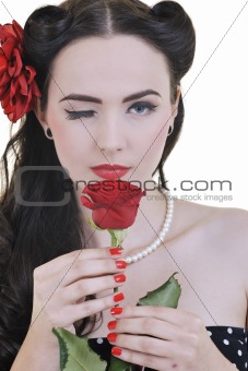 young woman with rose flower isolated on white