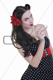 young woman with rose flower isolated on white