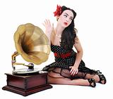 pretty girl listening music on old gramophone