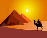 The Egyptian pyramids on an orange background and a standing camel