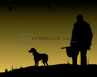 The hunter with a dog against a dark background