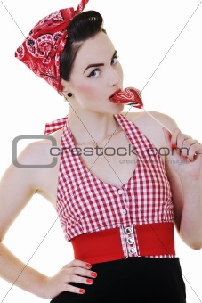 happy woman with lollipop isolated on white 