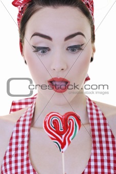 happy woman with lollipop isolated on white 